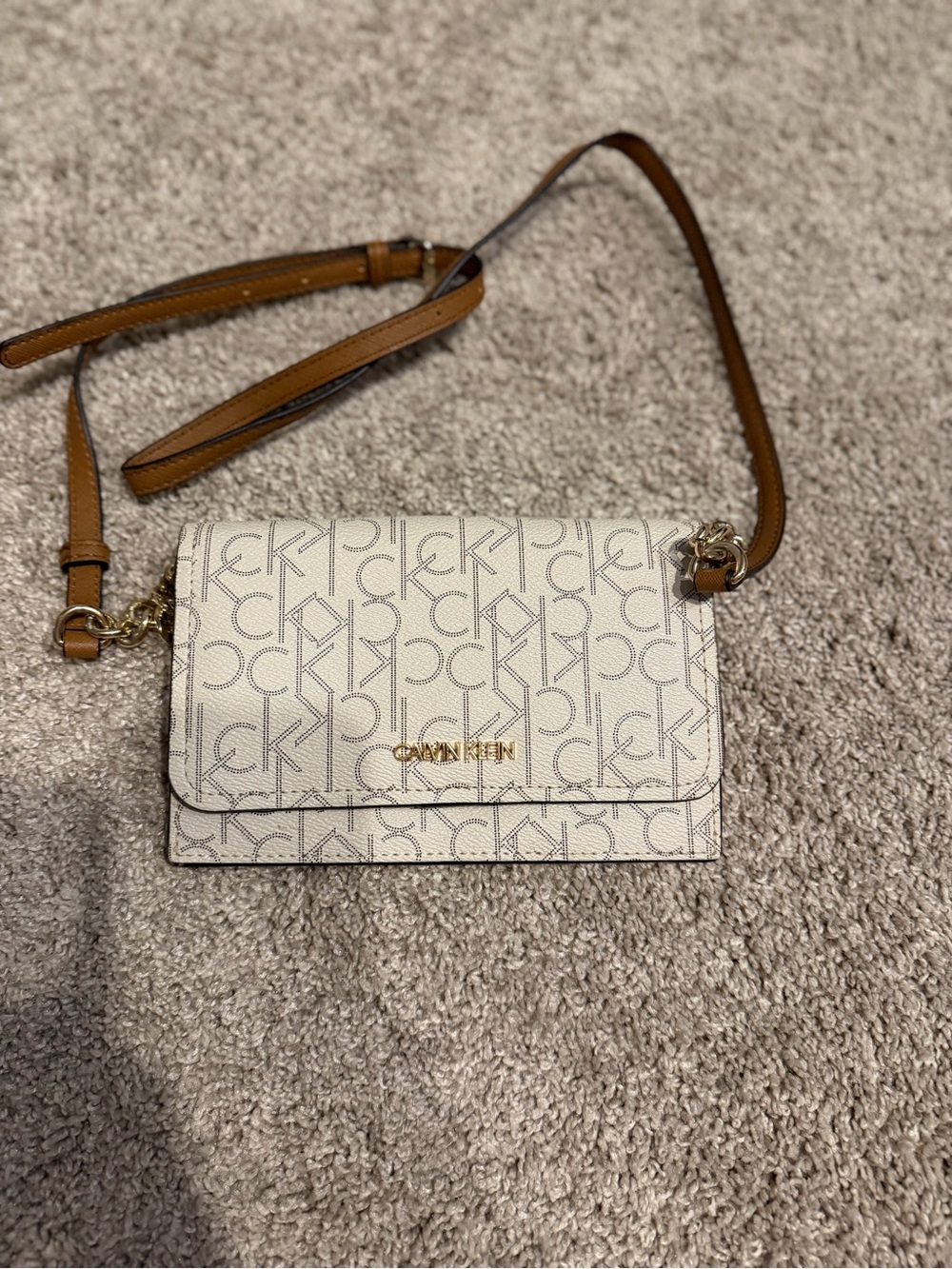 Calvin Klein White Logo Crossbody Bag with Tan Strap